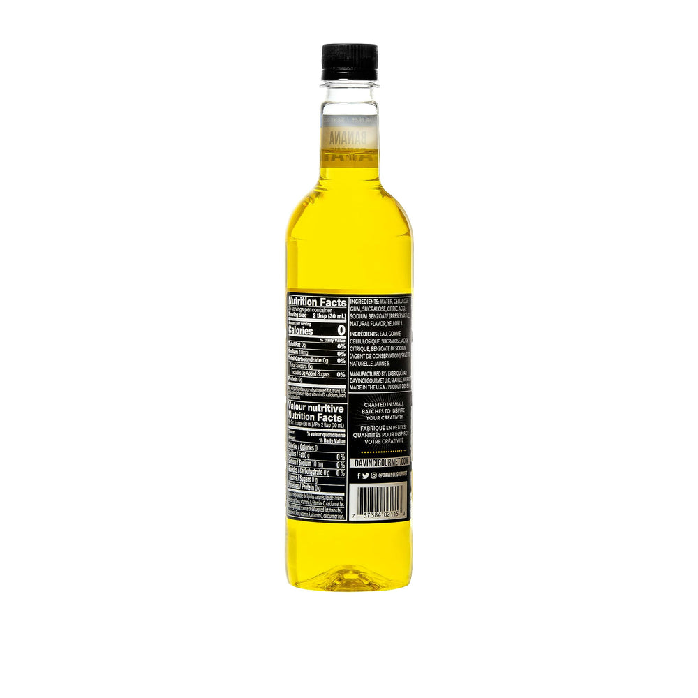 DaVinci Gourmet Sugar-Free Banana Syrup bottle pouring demonstrates easy mix for hot or cold drinks
