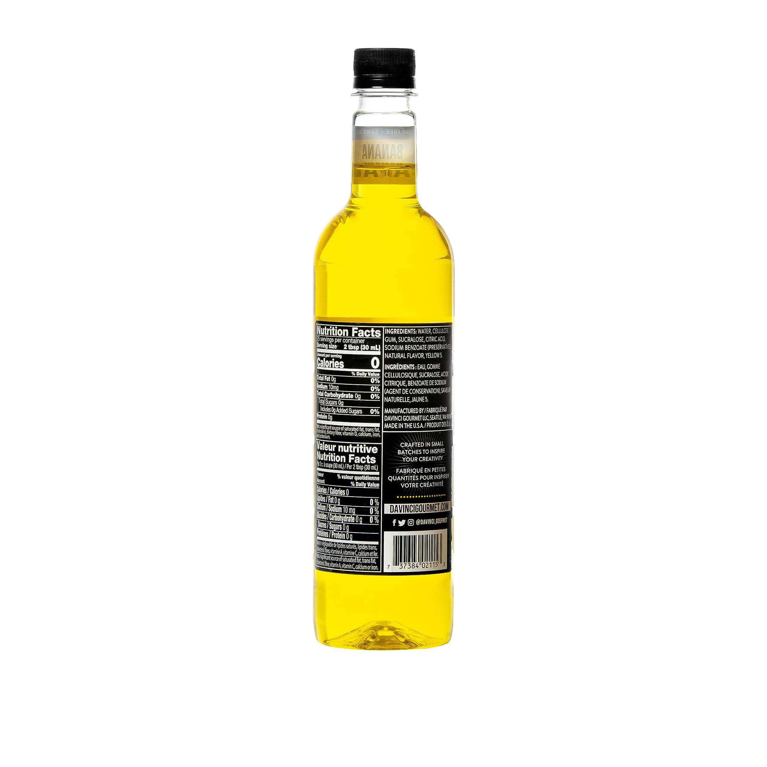 DaVinci Gourmet Sugar-Free Banana Syrup label closeup highlighting zero-sugar formulation for drinks.