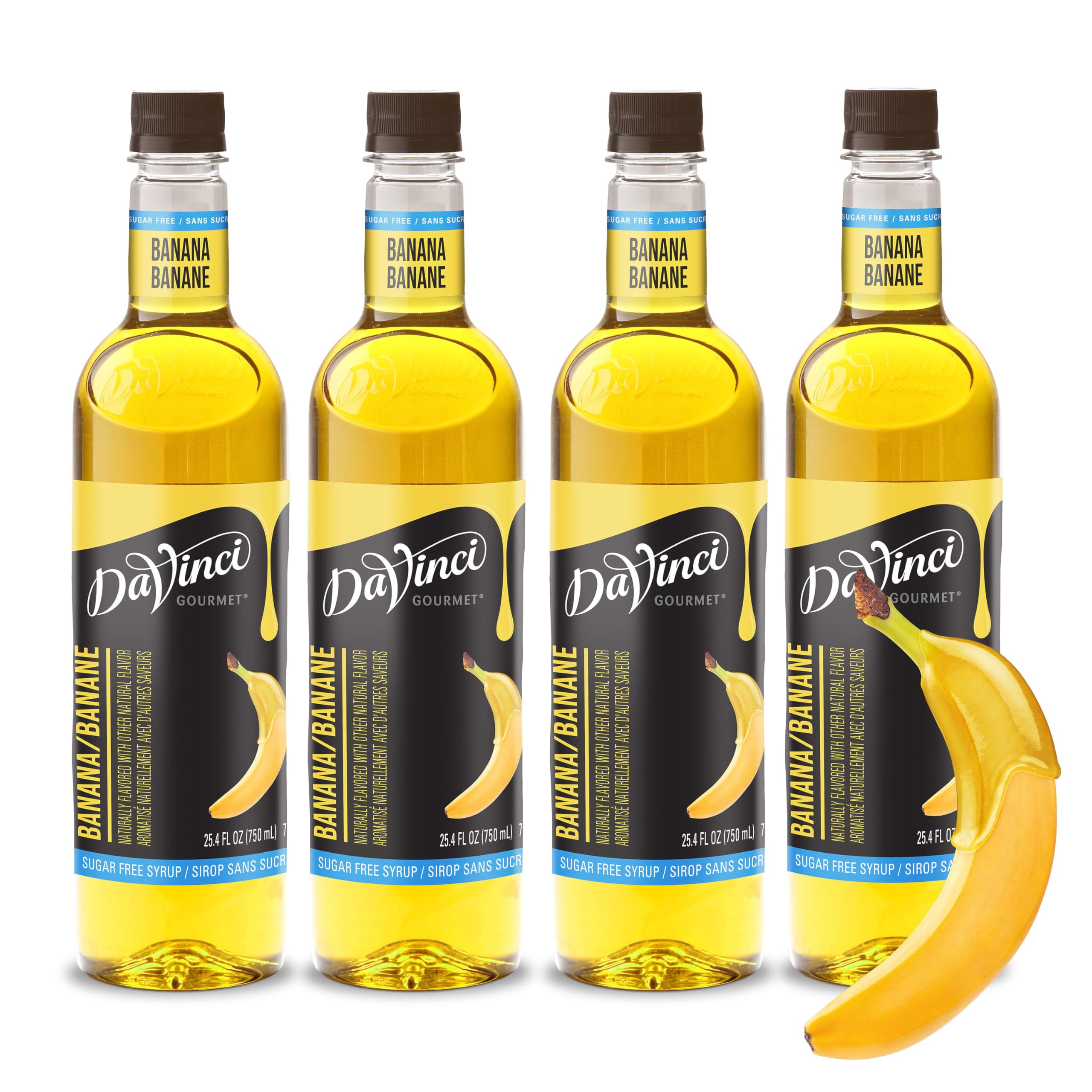 DaVinci Gourmet Sugar-Free Banana Syrup 4-pack bottles for versatile sugar-free flavor in beverages