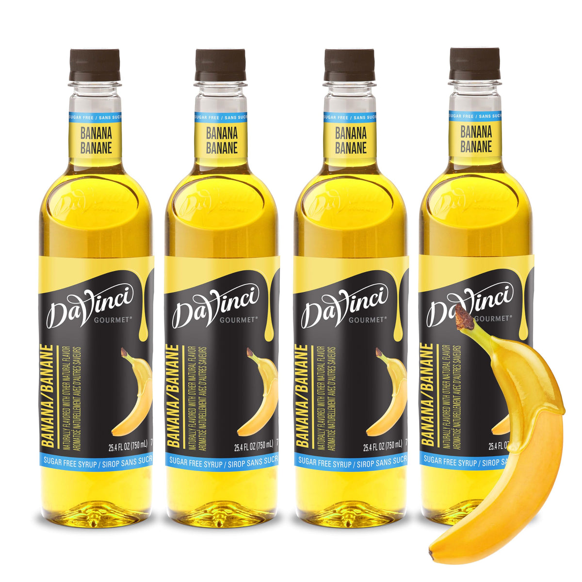 DaVinci Gourmet Sugar-Free Banana Syrup 4-pack bottles for versatile sugar-free flavor in beverages