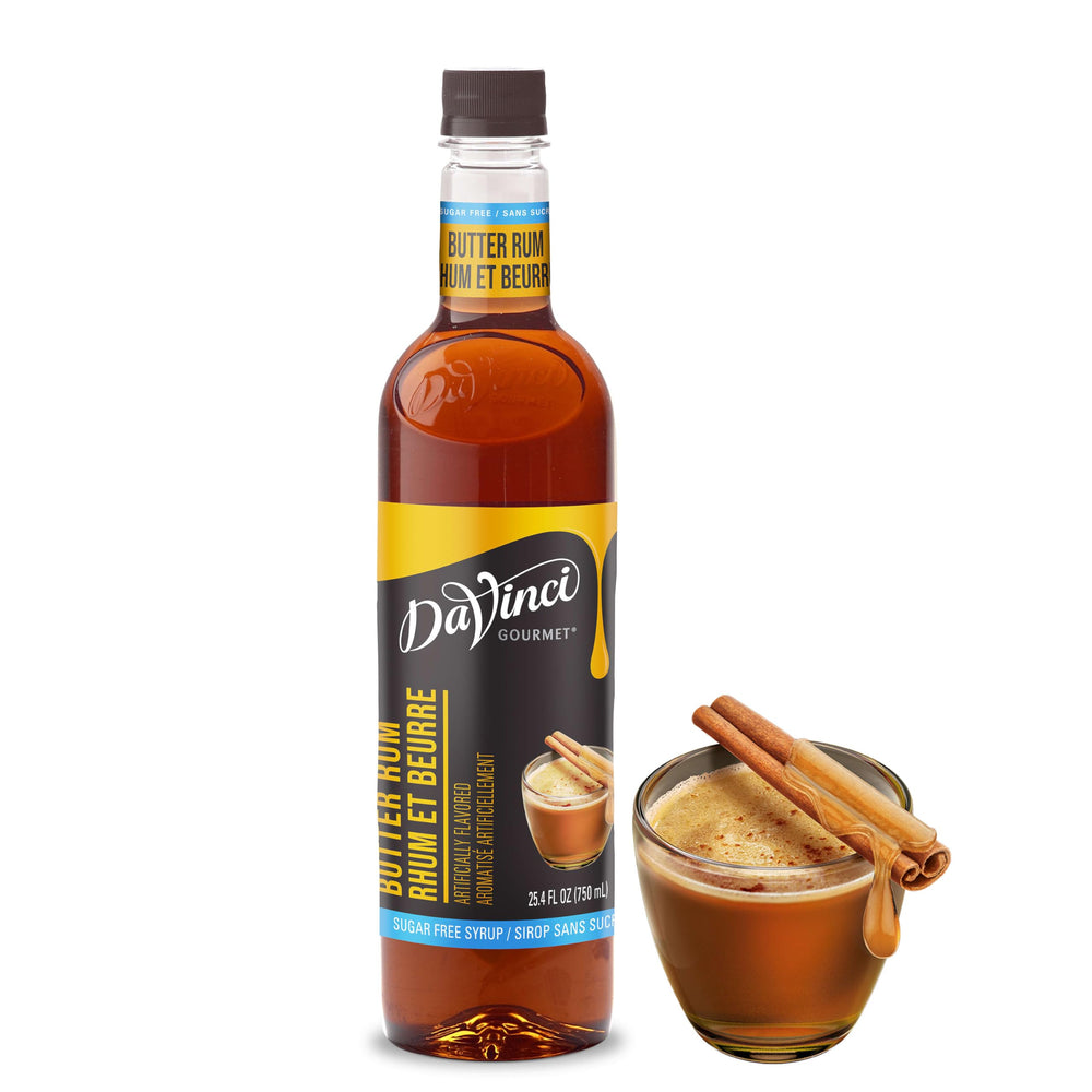 DaVinci Gourmet Sugar-Free Butter Rum Syrup bottle on counter, sugar-free flavor for drinks.