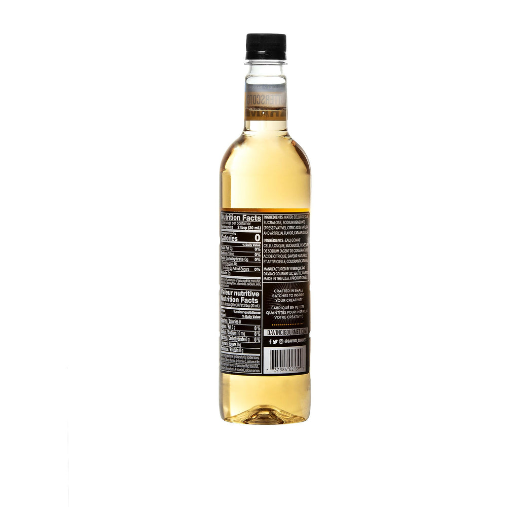 DaVinci Gourmet Sugar-Free Butterscotch Syrup bottle and glass illustrate ready-to-use flavor