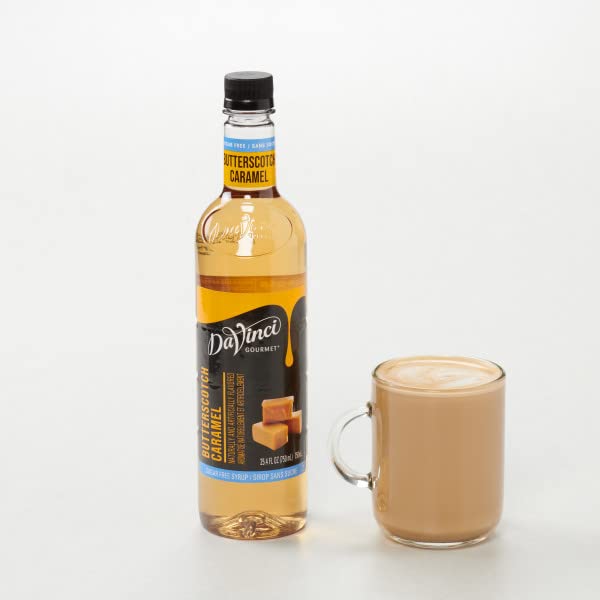 DaVinci Gourmet Sugar-Free Butterscotch Syrup label closeup highlighting sugar-free caramel notes for desserts