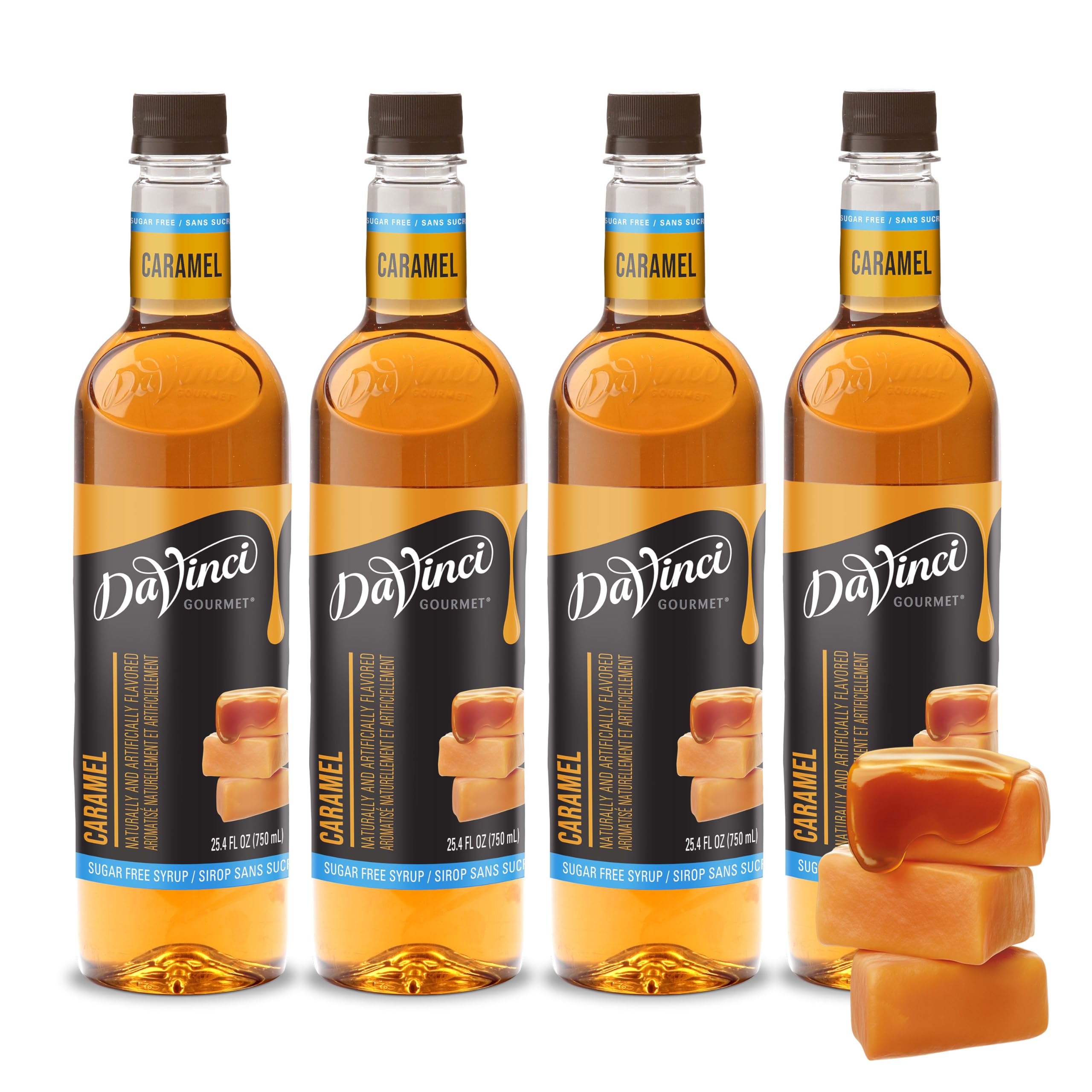 DaVinci Gourmet Sugar-Free Caramel Syrup bottle front, ideal for enhancing coffee flavor.