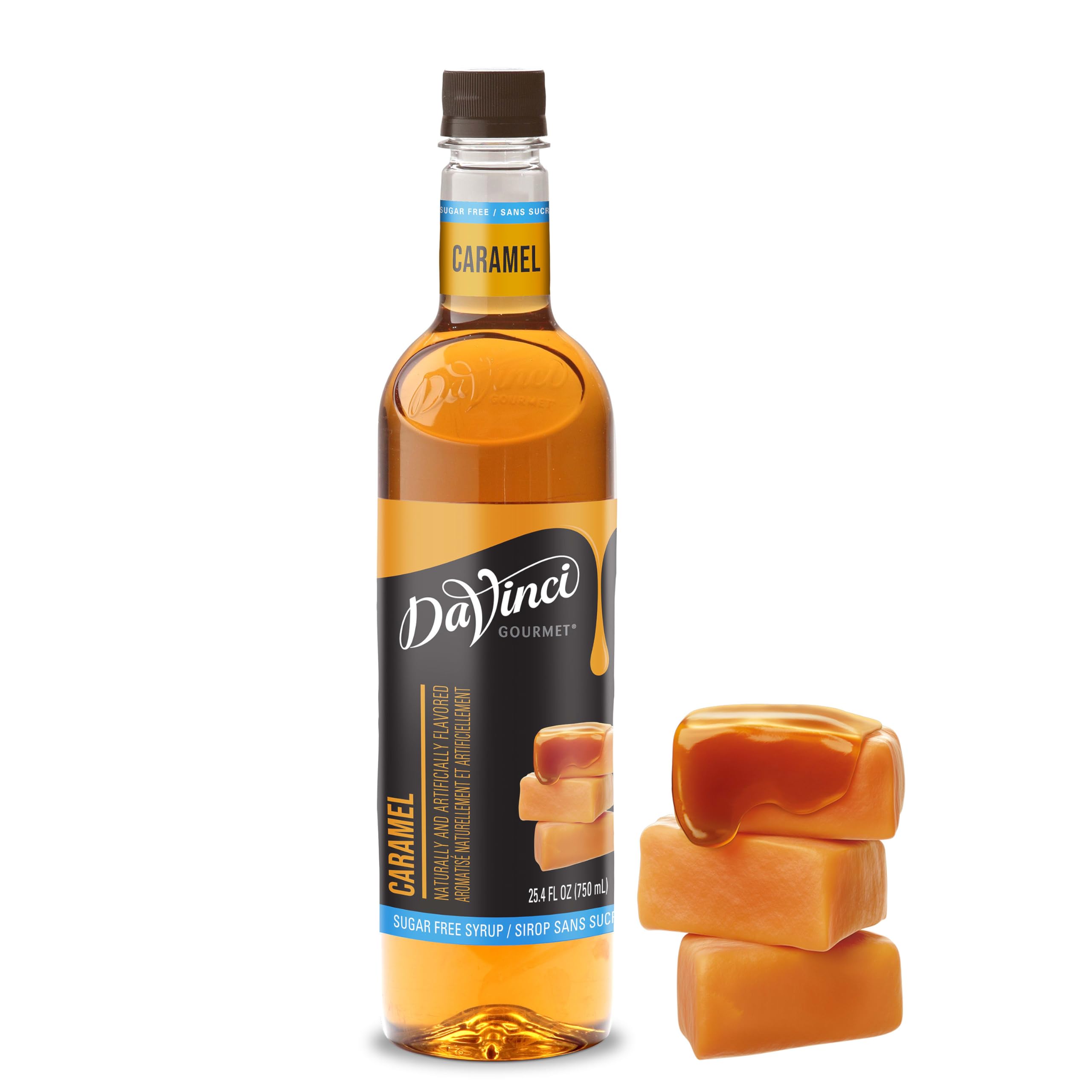 DaVinci Gourmet Sugar Free Caramel Syrup bottle highlights rich caramel flavor without sugar.