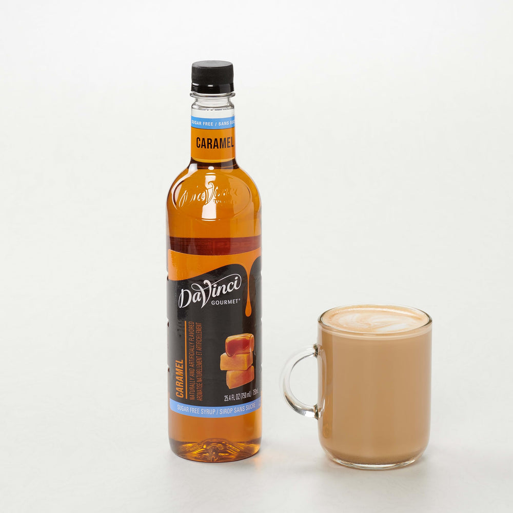 DaVinci Gourmet Sugar-Free Caramel Syrup with frothed milk drizzle for texture.