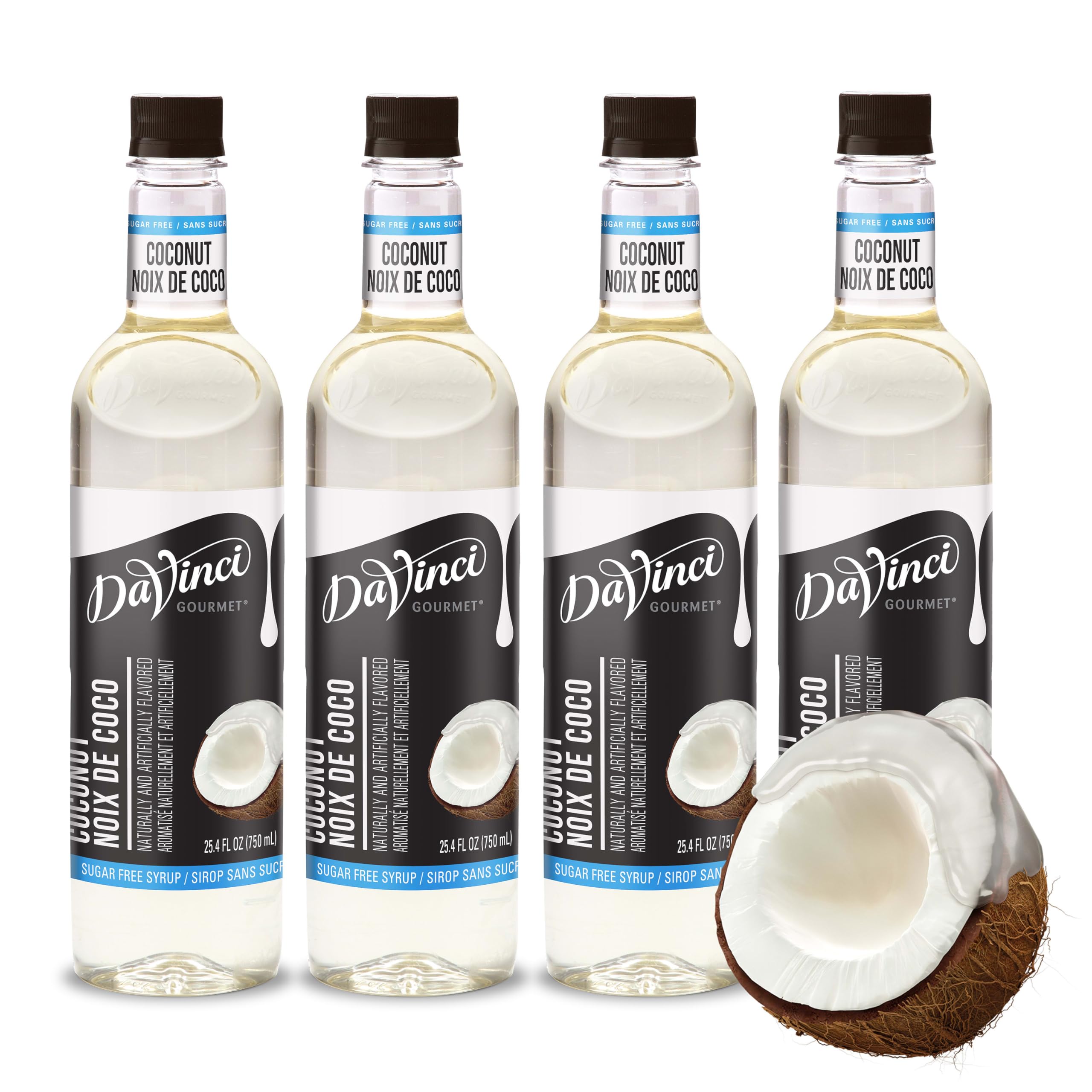 DaVinci Gourmet Sugar Free Coconut Syrup bottle on counter for tropical coffee flavor.