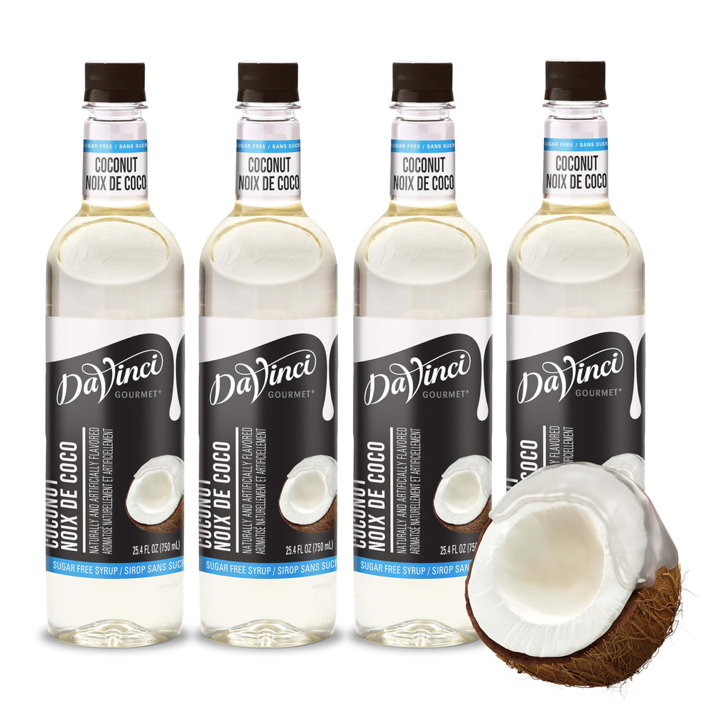 DaVinci Gourmet Sugar Free Coconut Syrup bottle on counter for tropical coffee flavor.