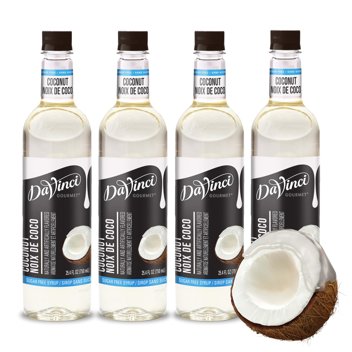 DaVinci Gourmet Sugar Free Coconut Syrup bottle on counter for tropical coffee flavor.