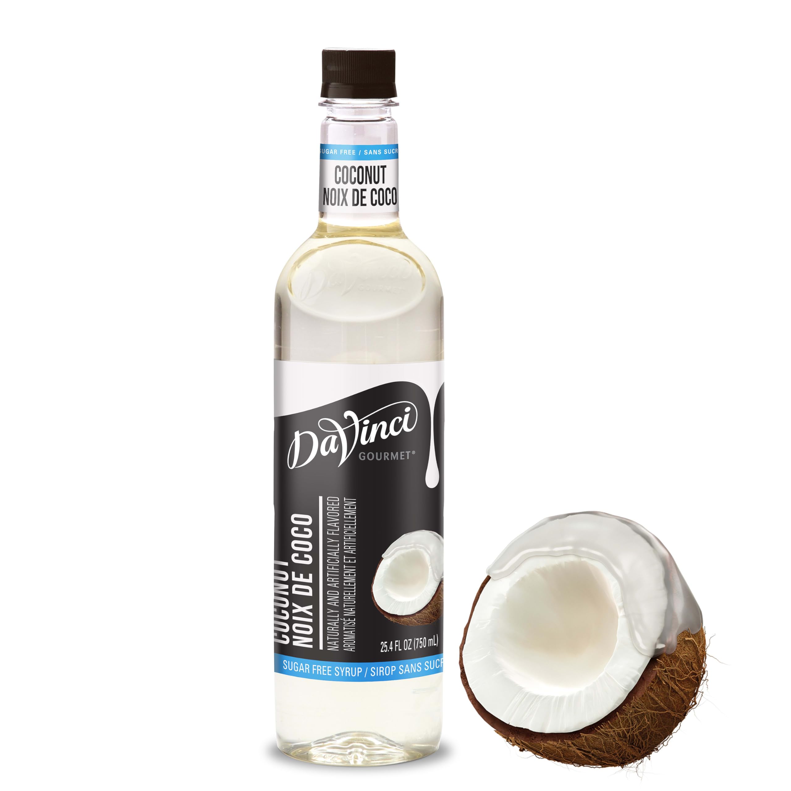 DaVinci Gourmet Sugar Free Coconut Syrup bottle delivers tropical flavor without sugar for coffee.