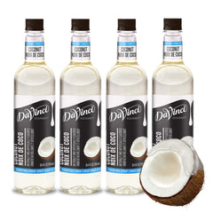 DaVinci Gourmet Sugar Free Coconut Syrup bottle on counter for tropical coffee flavor.