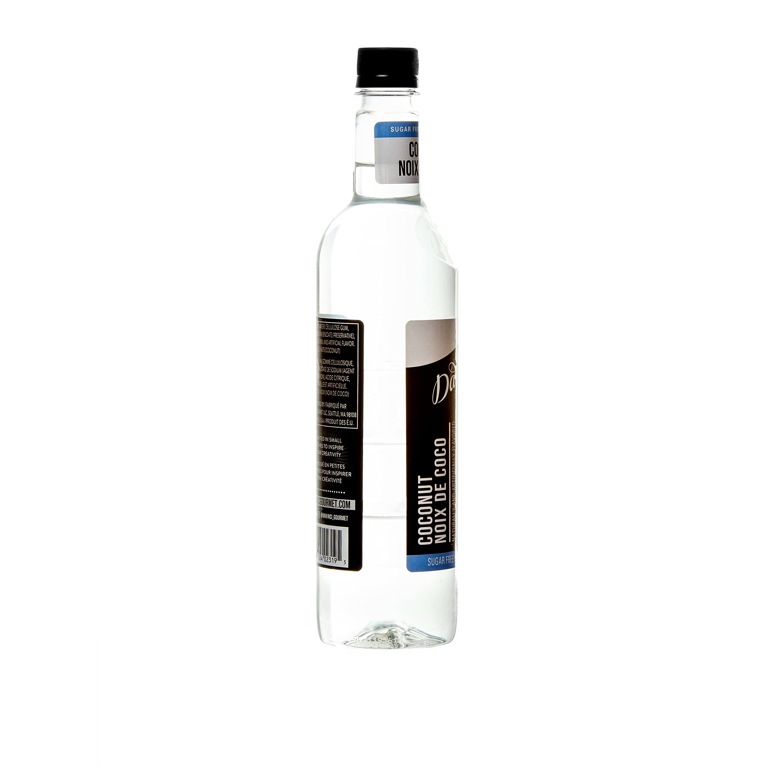 DaVinci Gourmet Sugar Free Coconut Syrup kitchen scene shows versatile beverage use.