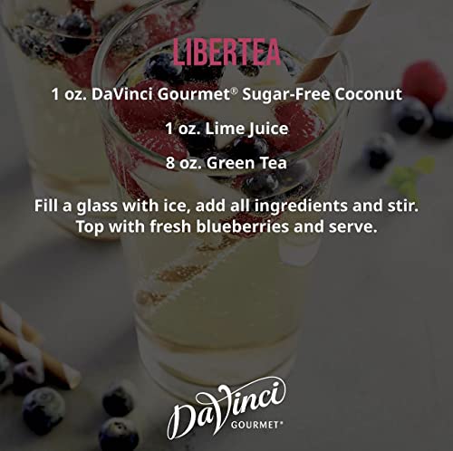 DaVinci Gourmet Sugar Free Coconut Syrup being poured into a glass for coconut cocktails.