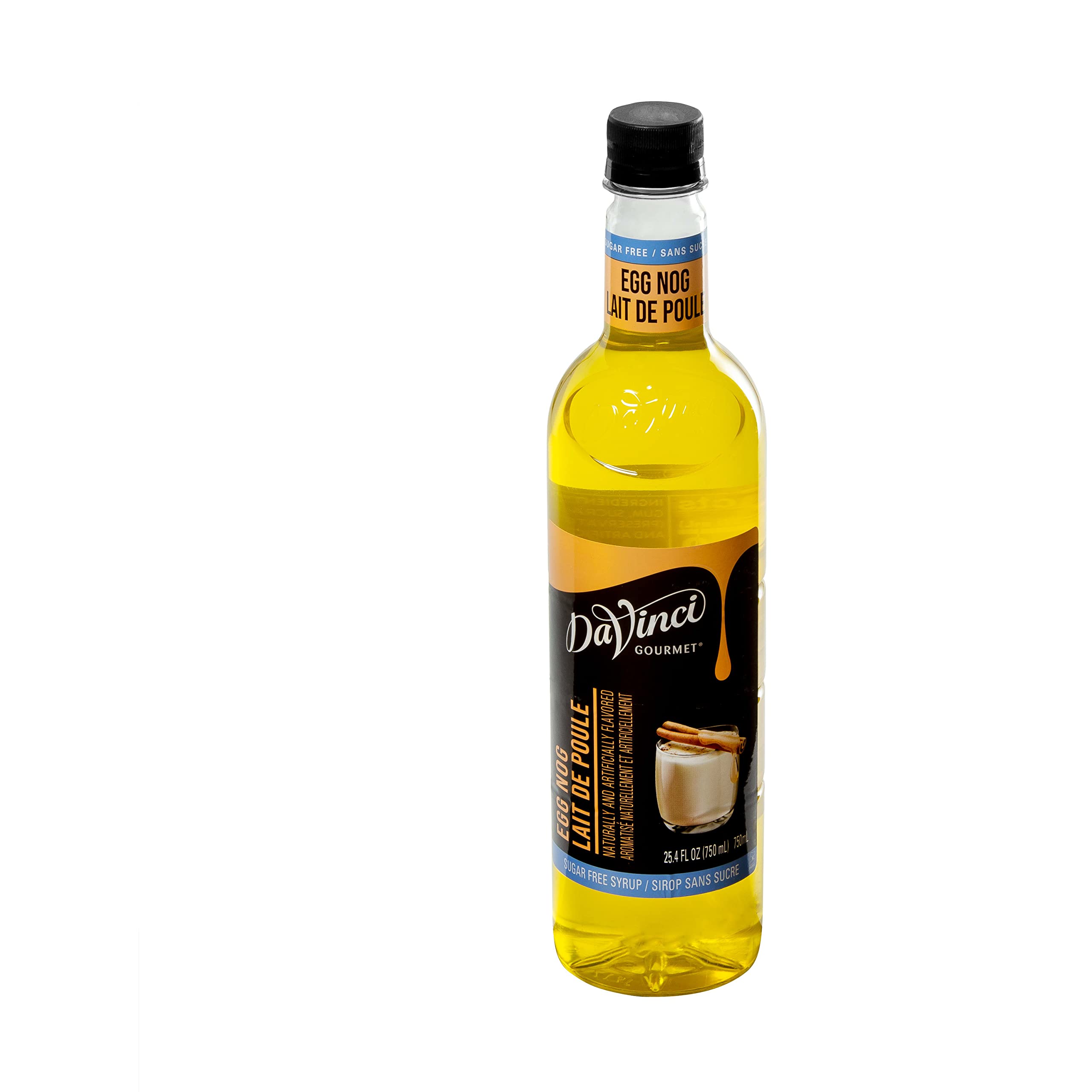 DaVinci Gourmet Sugar-Free Egg Nog Syrup bottle beside mug suggests customizable sugar-free nog flavor