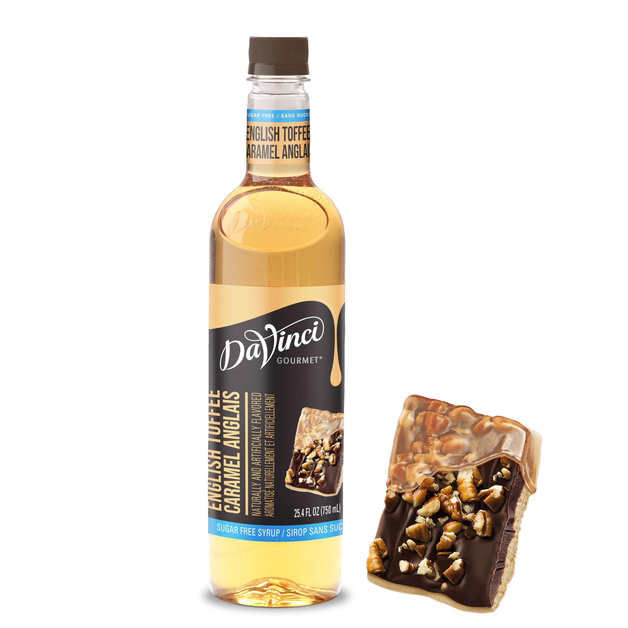 DaVinci Gourmet Sugar-Free English Toffee bottle being poured, calorie-free flavor boost.