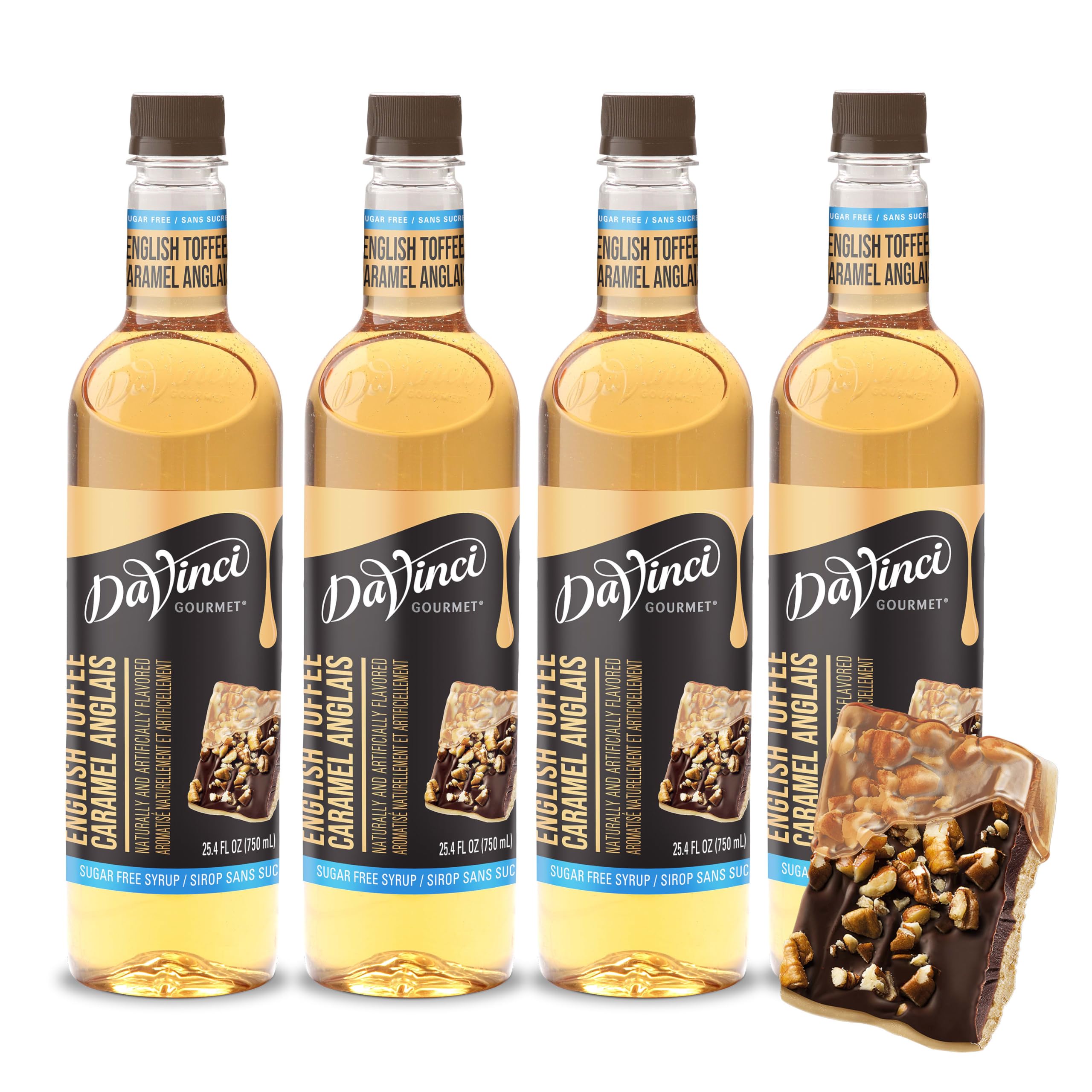 DaVinci Gourmet Sugar-Free English Toffee syrup 4-pack bottles showcase a smooth, zero-calorie flavor for drinks.
