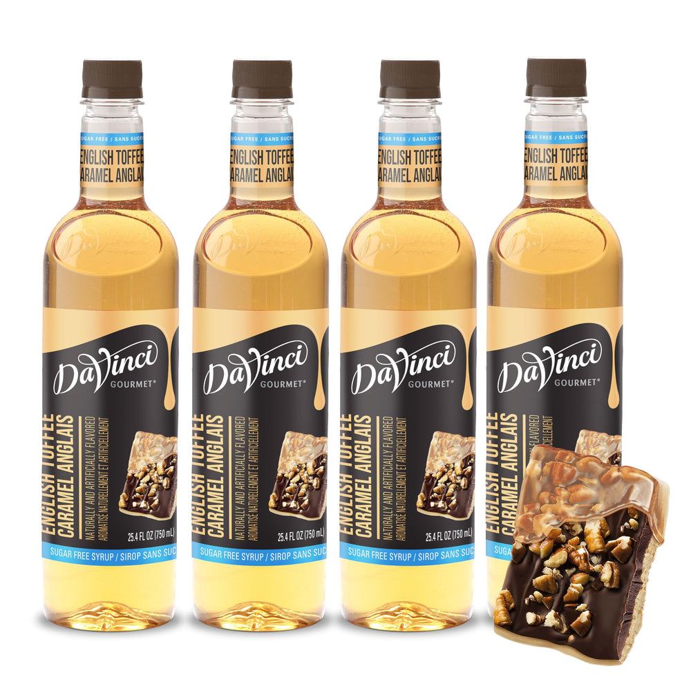 DaVinci Gourmet Sugar-Free English Toffee syrup 4-pack bottles showcase a smooth, zero-calorie flavor for drinks.