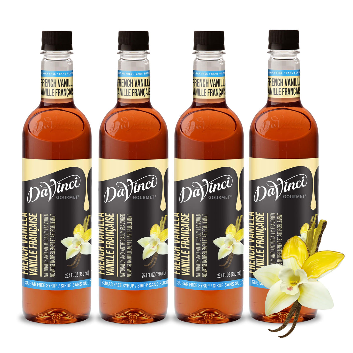 DaVinci Gourmet Sugar-Free French Vanilla Syrup bottle front displaying vanilla notes for coffee
