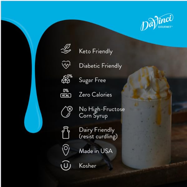DaVinci Gourmet Sugar-Free French Vanilla Syrup four-pack on kitchen counter