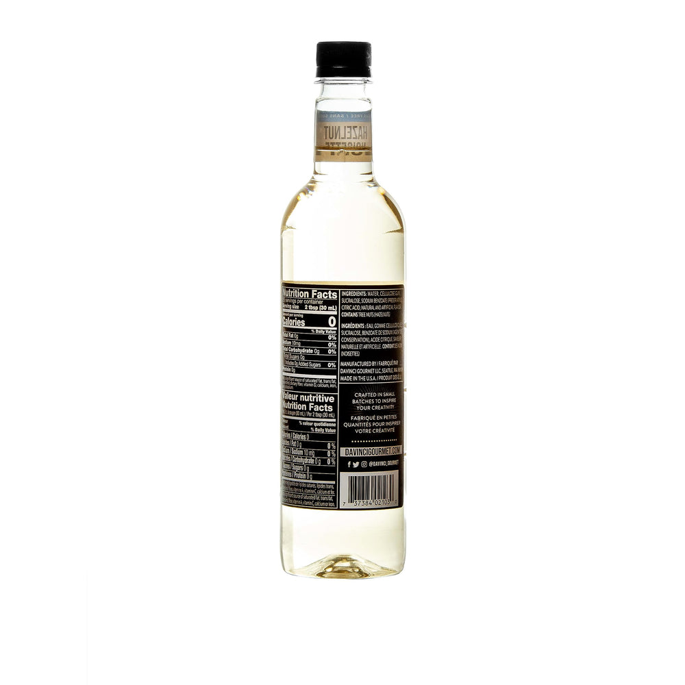 DaVinci Gourmet Sugar-Free Hazelnut Syrup compatible with dairy products for drinks.
