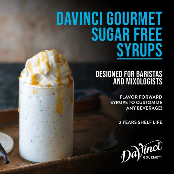 DaVinci Gourmet Sugar-Free Hazelnut Syrup pour showcasing smooth blend in beverages.