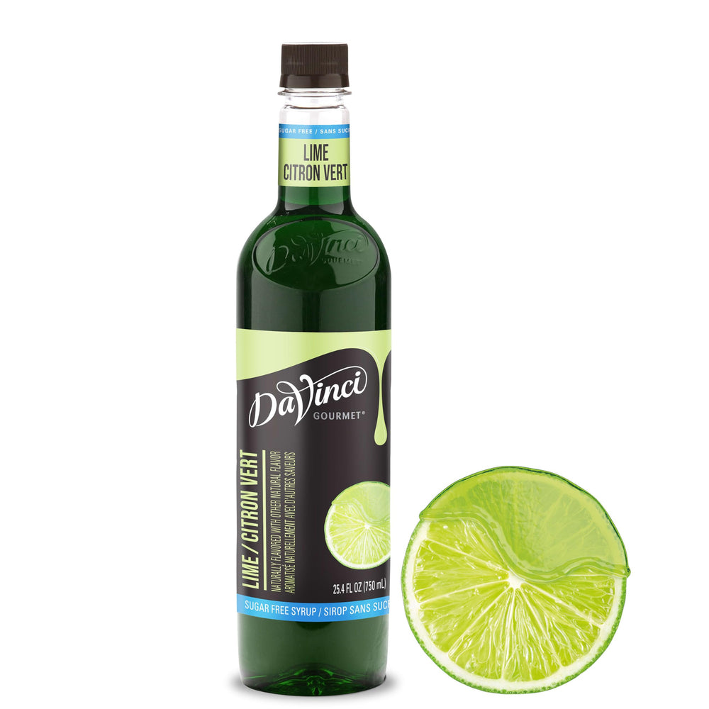 DaVinci Gourmet Sugar-Free Lime Syrup bottle pour delivers tart lime flavor without sugar.