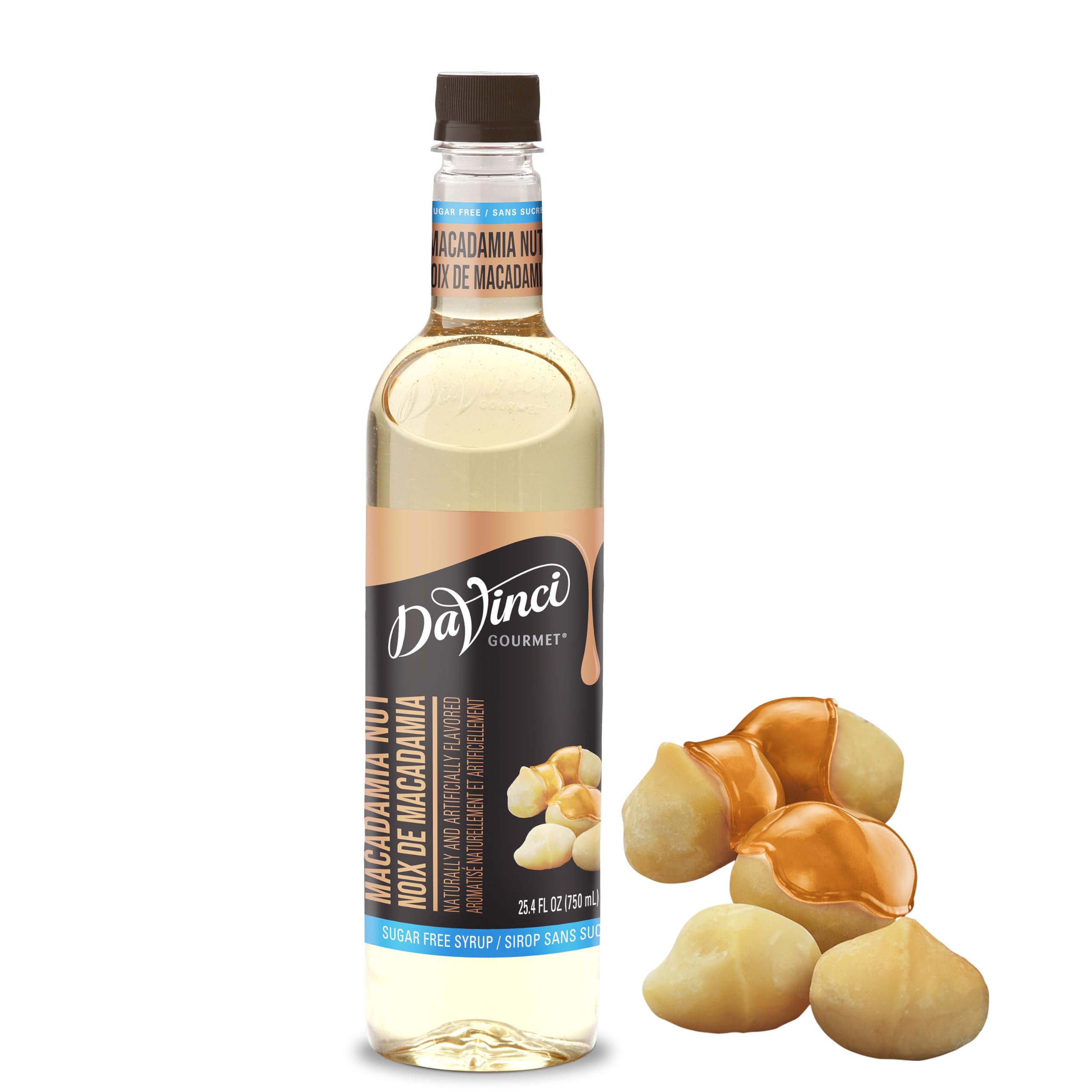 DaVinci Gourmet Sugar-Free Macadamia Nut syrup bottle shows premium flavor for versatile beverages