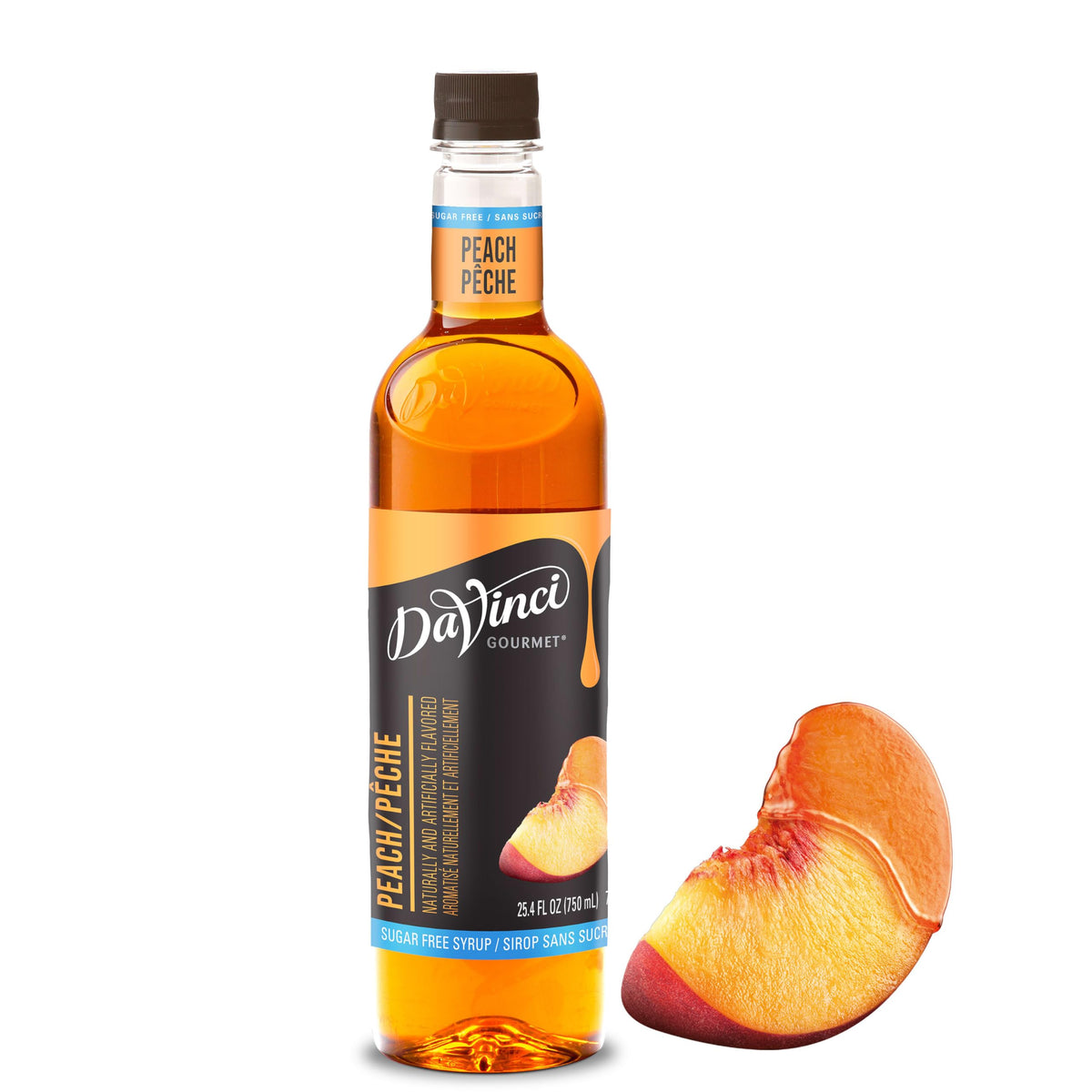 DaVinci Gourmet Sugar Free Peach Syrup bottle offers bold peach flavor with zero sugar.