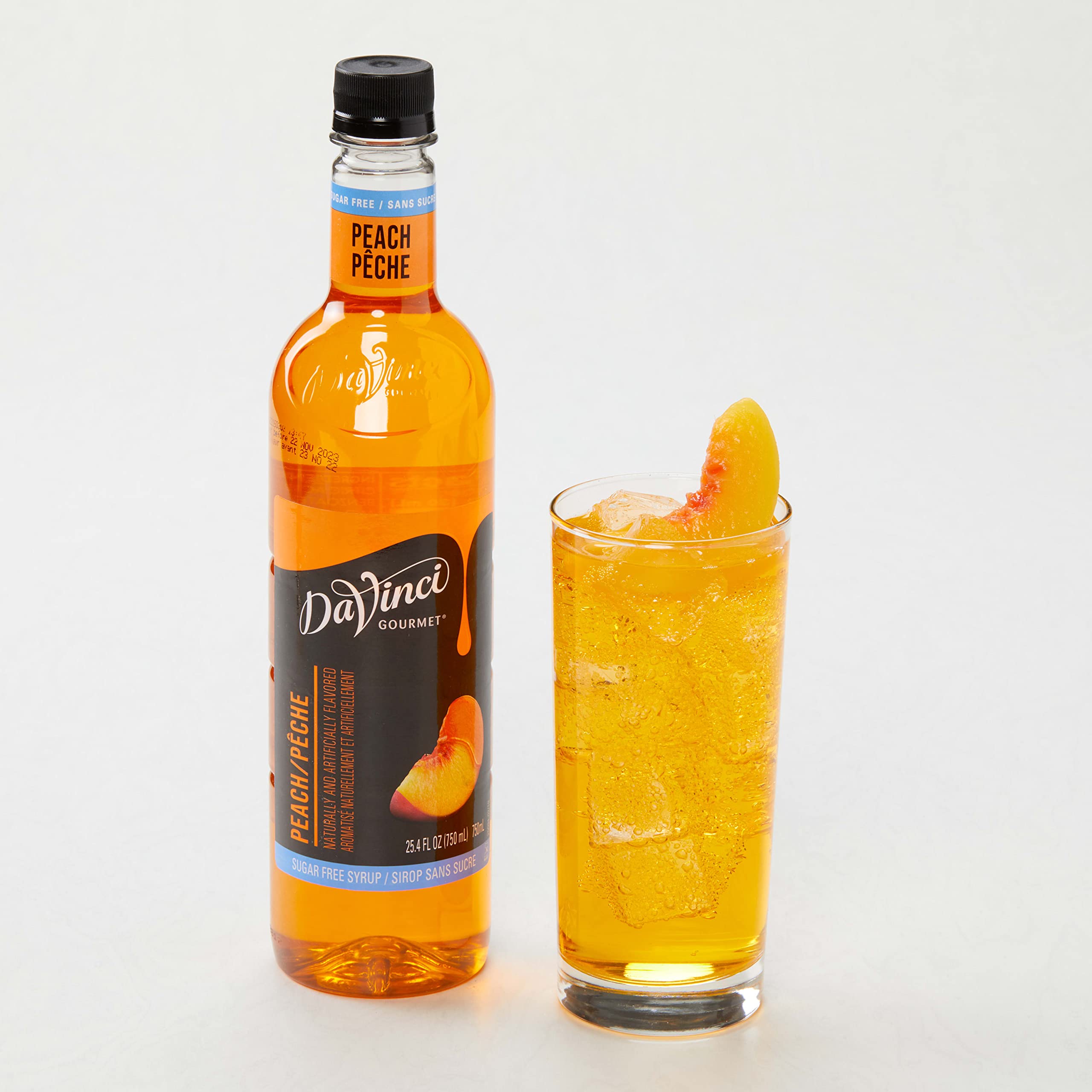 DaVinci Gourmet Sugar Free Peach Syrup dessert topping enriches pastries and fruit bowls.
