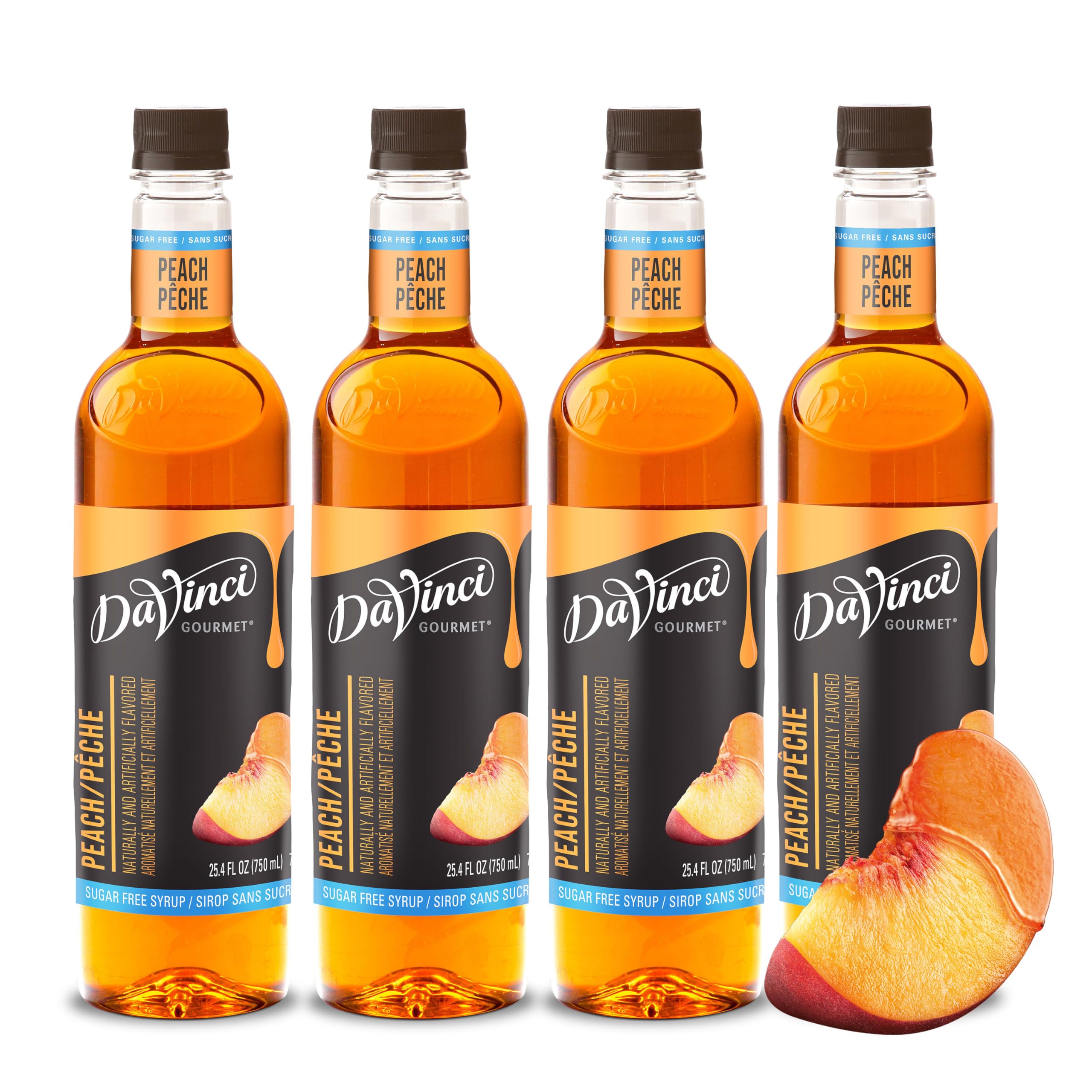 DaVinci Gourmet Sugar Free Peach Syrup packaging showcases sugar-free peach flavor.