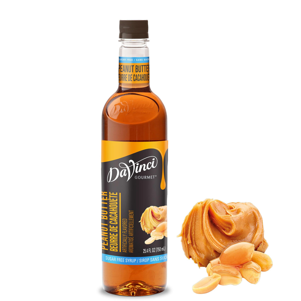 DaVinci Gourmet Sugar-Free Peanut Butter Syrup bottle shows creamy flavor profile for beverages