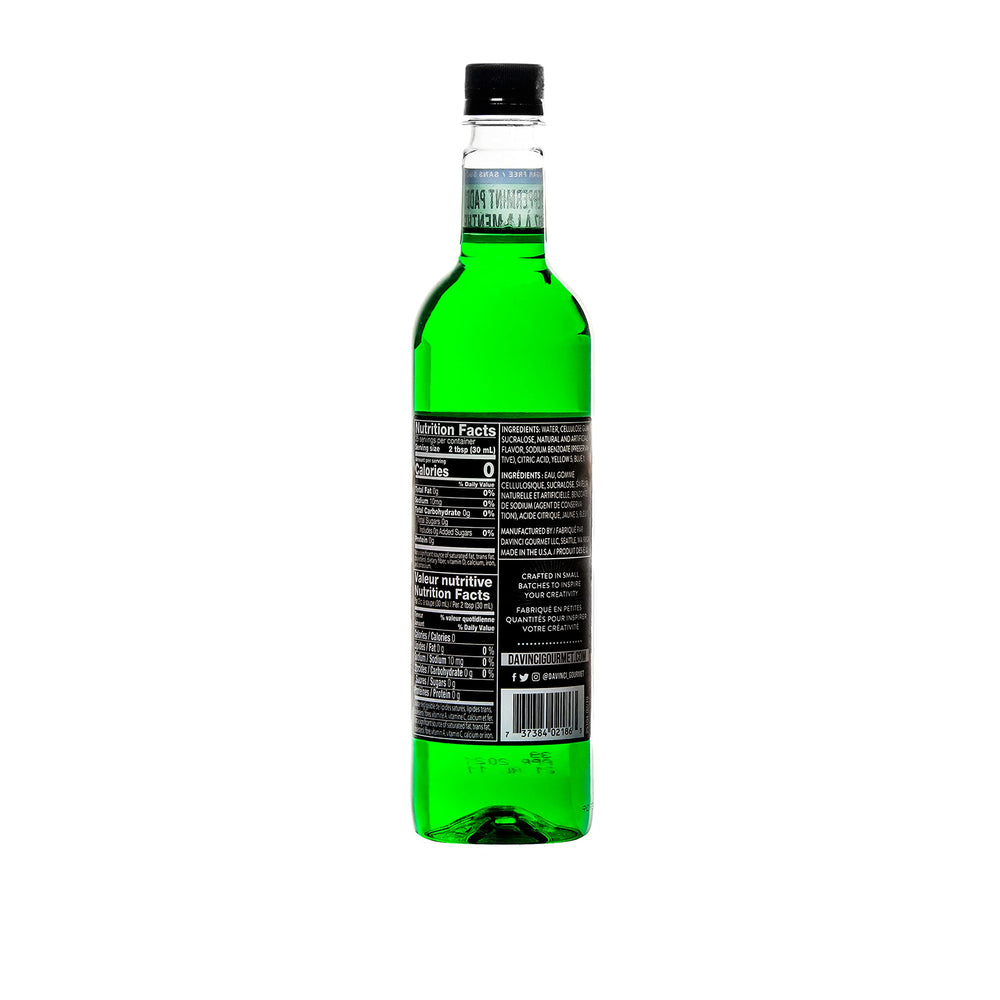 DaVinci Gourmet Sugar-Free Peppermint Paddy syrup label back with ingredients and use ideas.