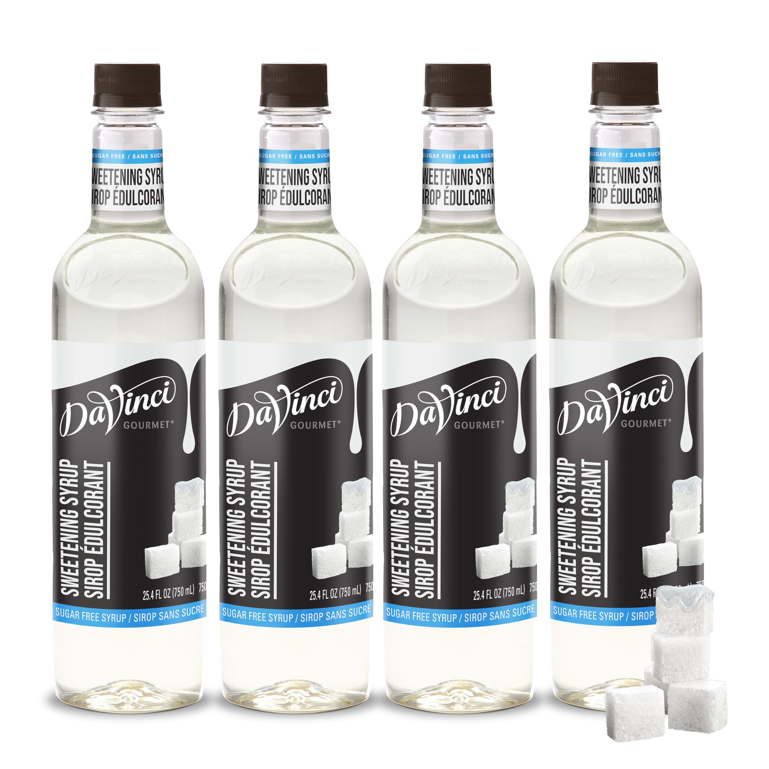 DaVinci Gourmet sugar-free syrup bottle pour highlighting zero-calorie sweetness for coffee