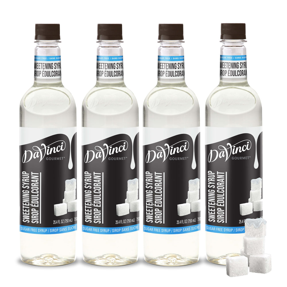 DaVinci Gourmet sugar-free syrup bottle pour highlighting zero-calorie sweetness for coffee