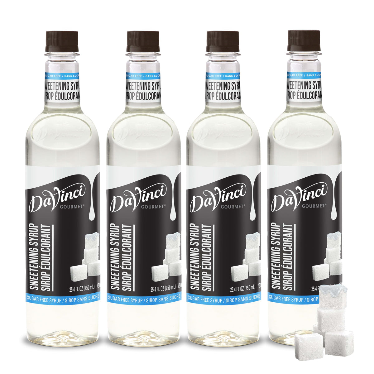DaVinci Gourmet sugar-free syrup bottle pour highlighting zero-calorie sweetness for coffee