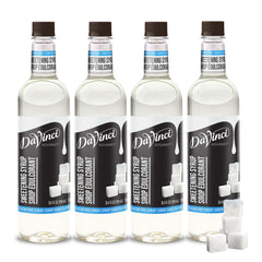 DaVinci Gourmet sugar-free syrup bottle pour highlighting zero-calorie sweetness for coffee
