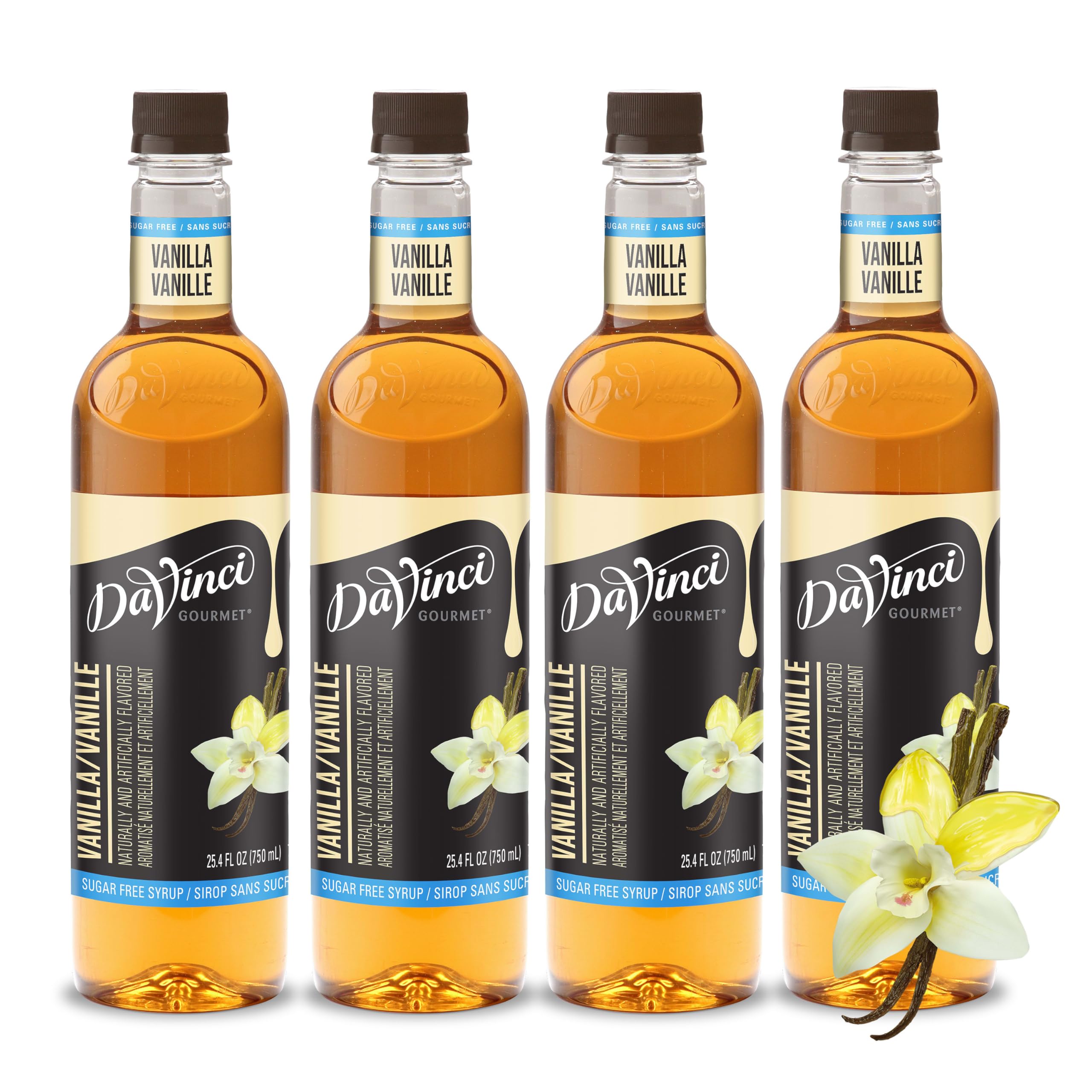 DaVinci Gourmet Sugar Free Vanilla Syrup bottle highlighting vanilla flavor.