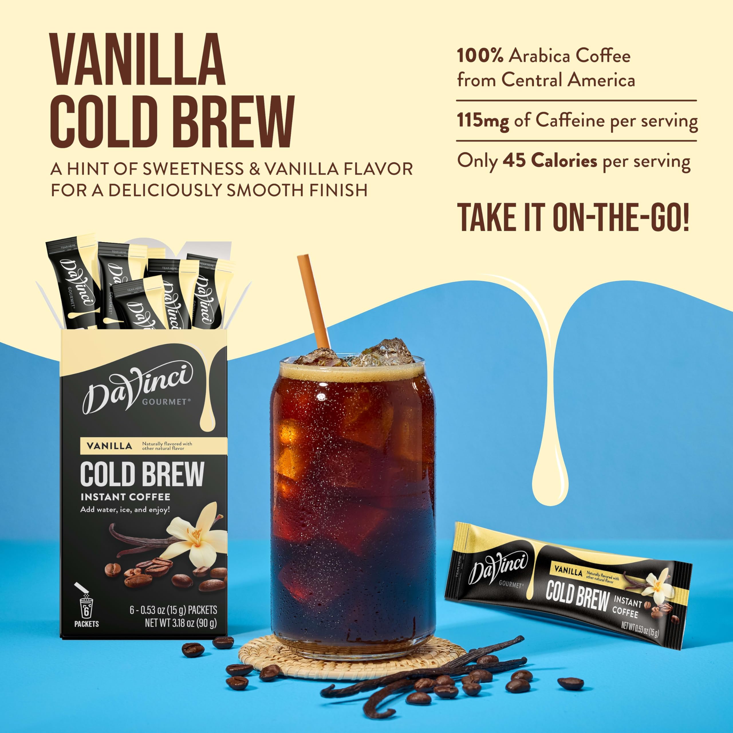 DaVinci Gourmet Vanilla Cold Brew being stirred into water for instant flavor.