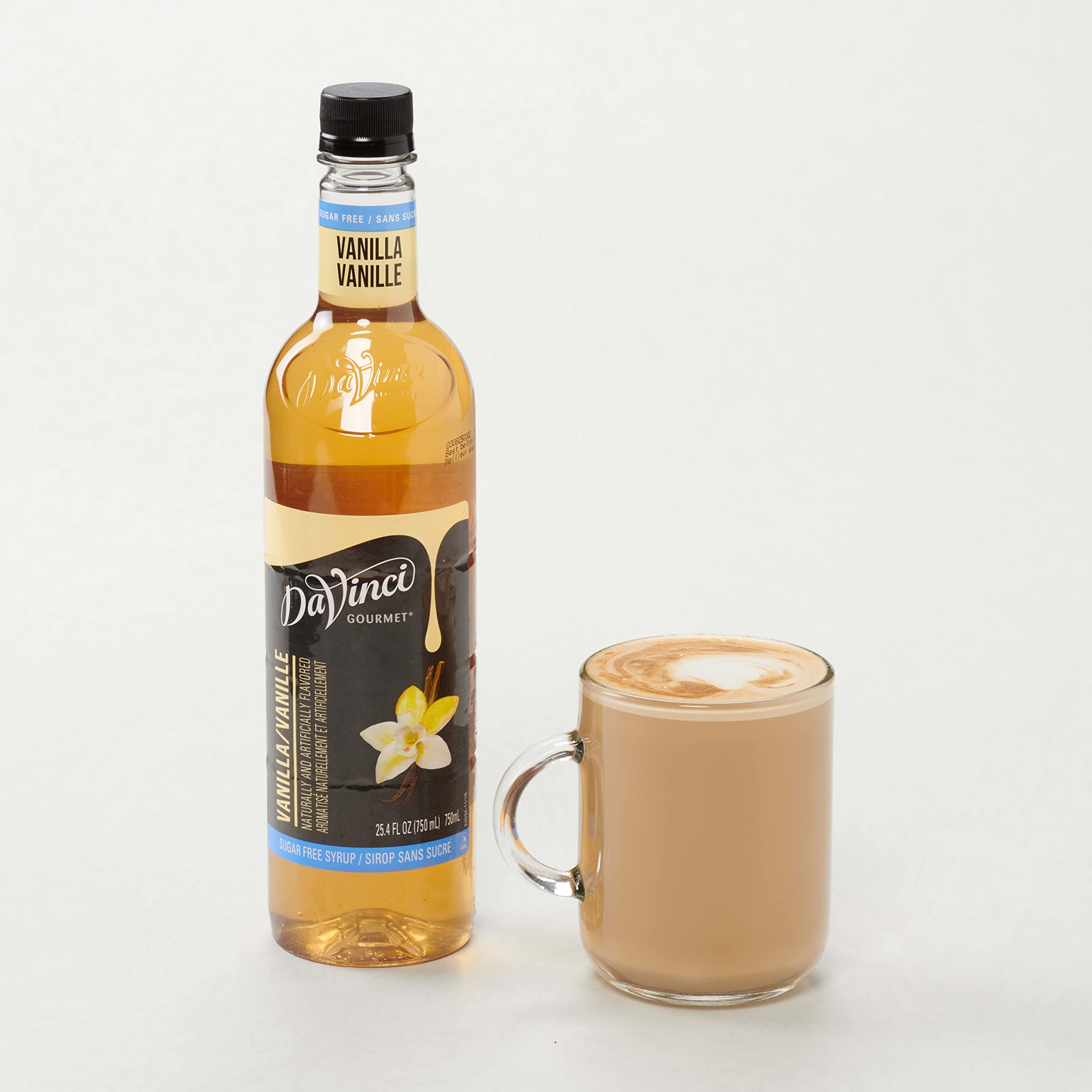 Backbar setup featuring DaVinci Gourmet Sugar Free Vanilla Syrup bottle
