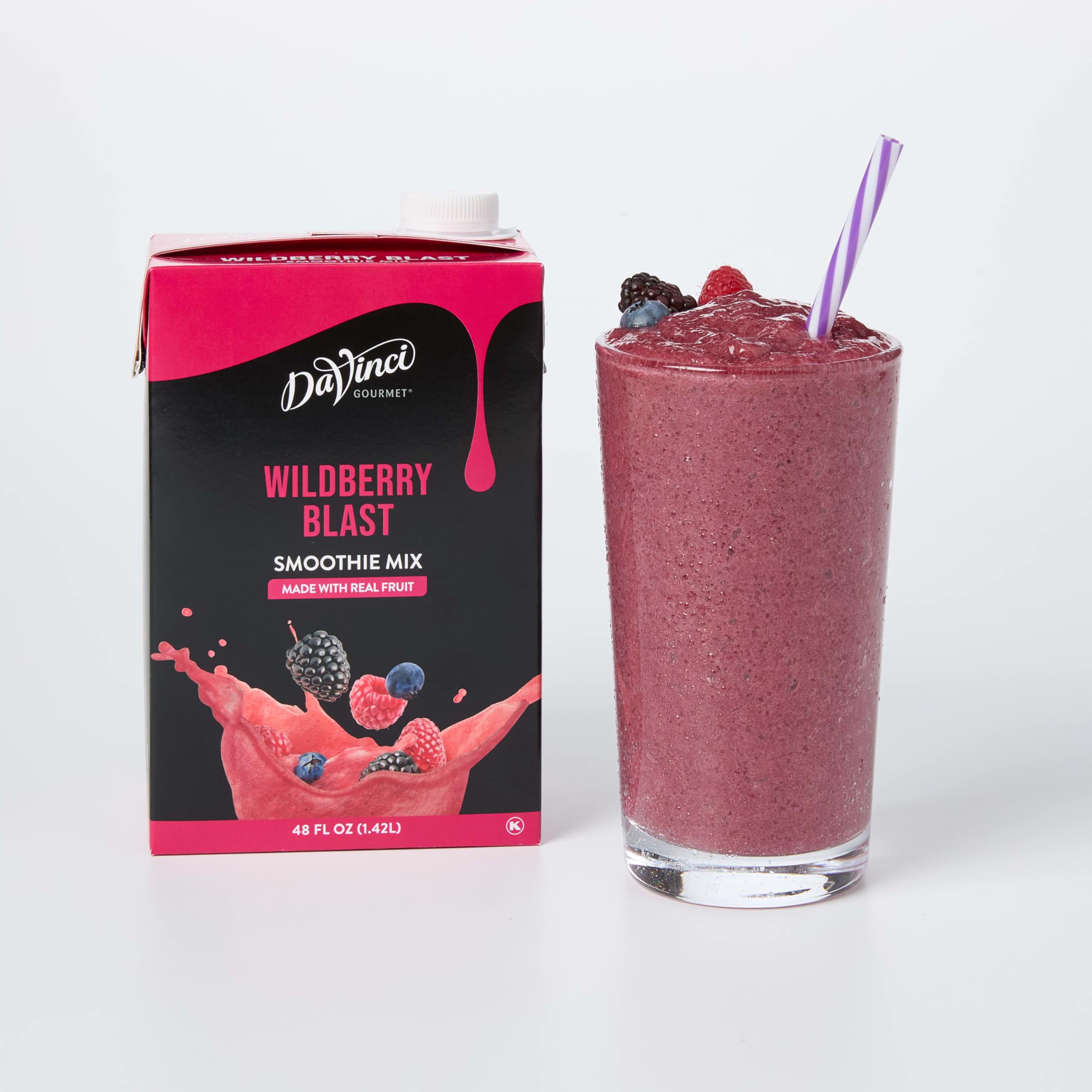 DaVinci Gourmet Wildberry Blast Smoothie bottle on ice highlights bold berry flavor.