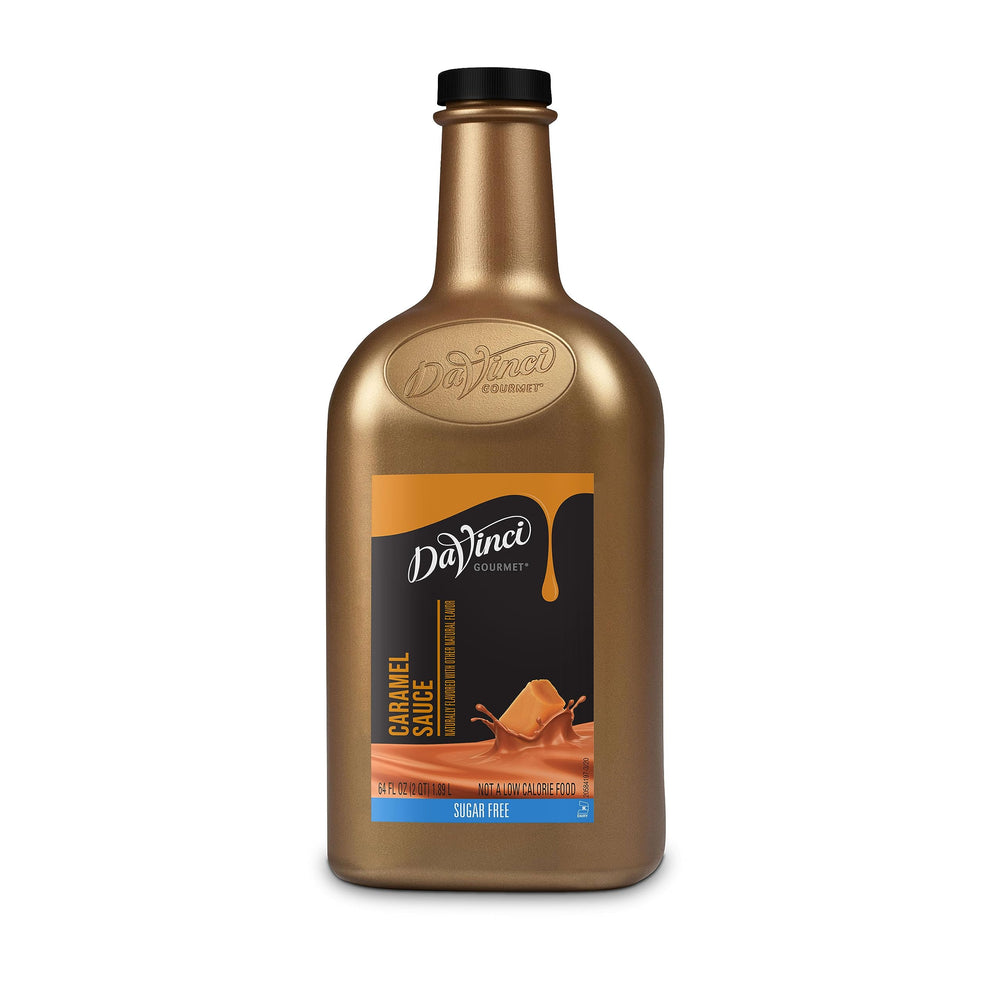 DaVinci Gourmet Sugar Free Caramel Sauce bottle close-up, creamy caramel without sugar.