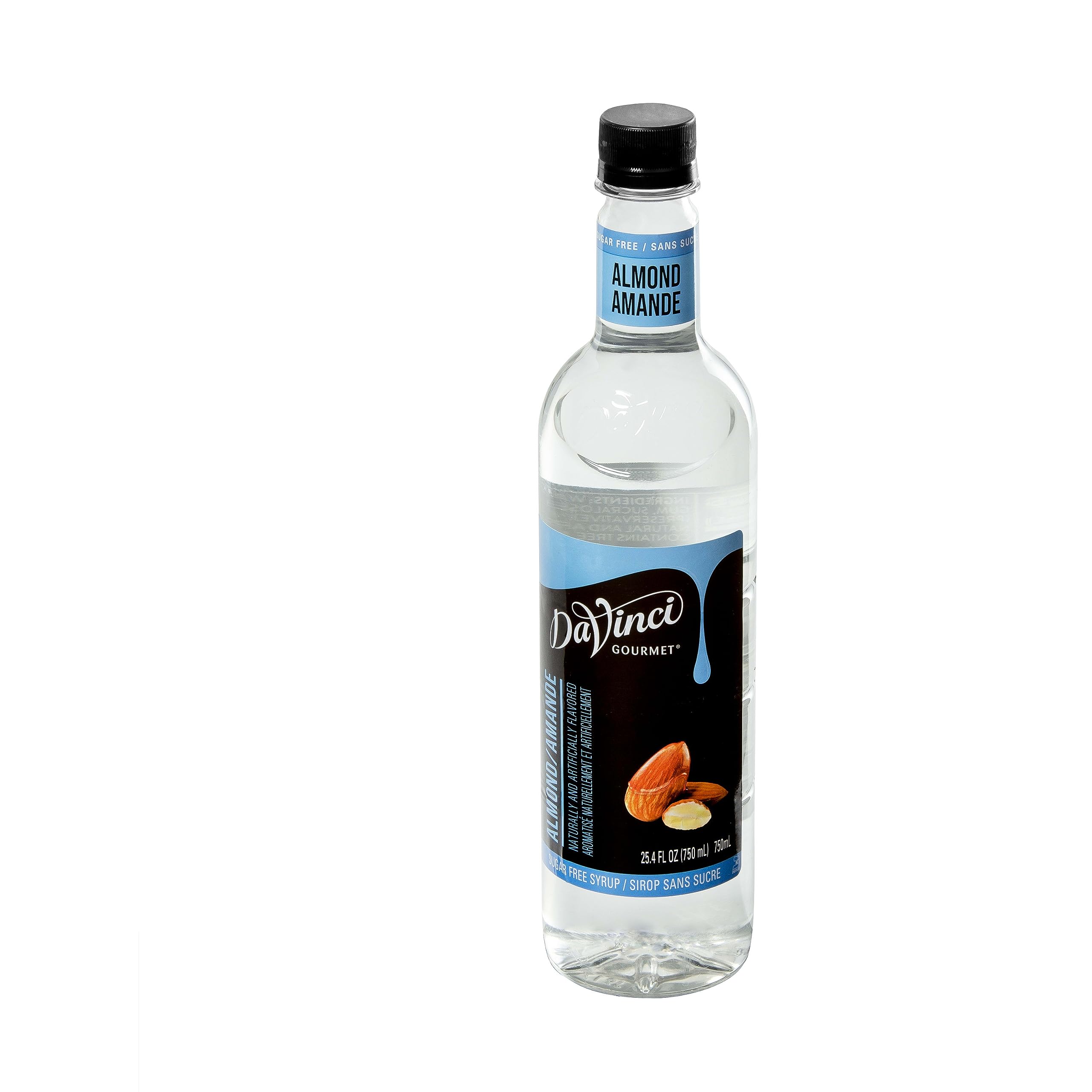 Boxed pack of four DaVinci Gourmet Sugar-Free Almond Syrup bottles.