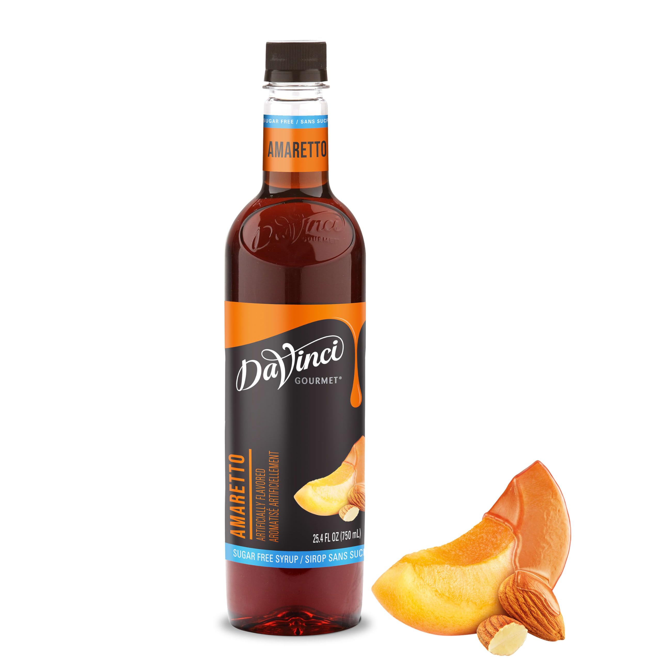 DaVinci Gourmet sugar-free amaretto bottle – authentic almond flavor for beverages