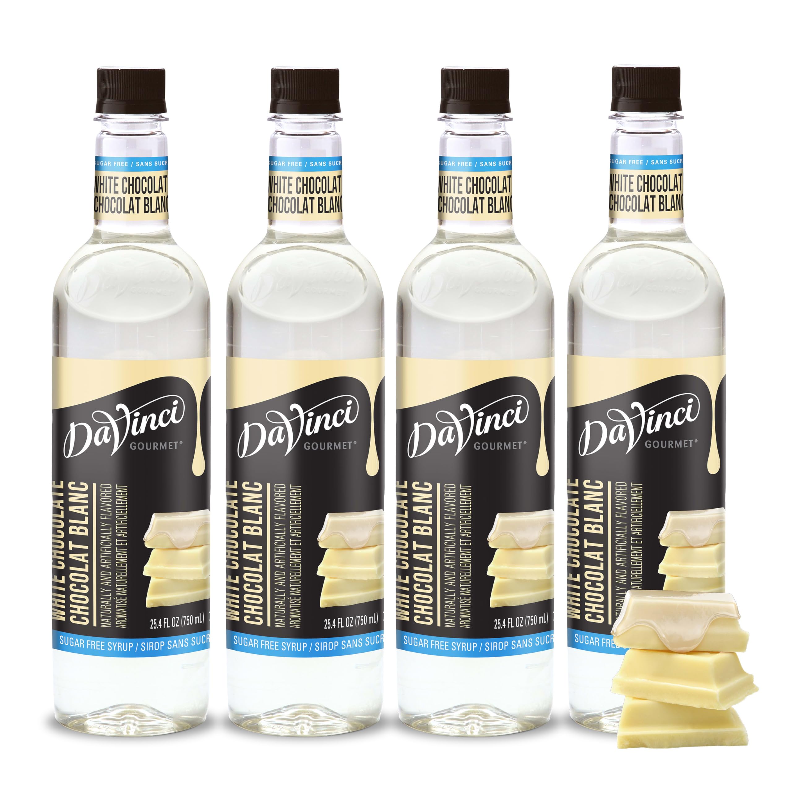 DaVinci Gourmet Sugar-Free White Chocolate Syrup bottle pour adds creamy flavor.