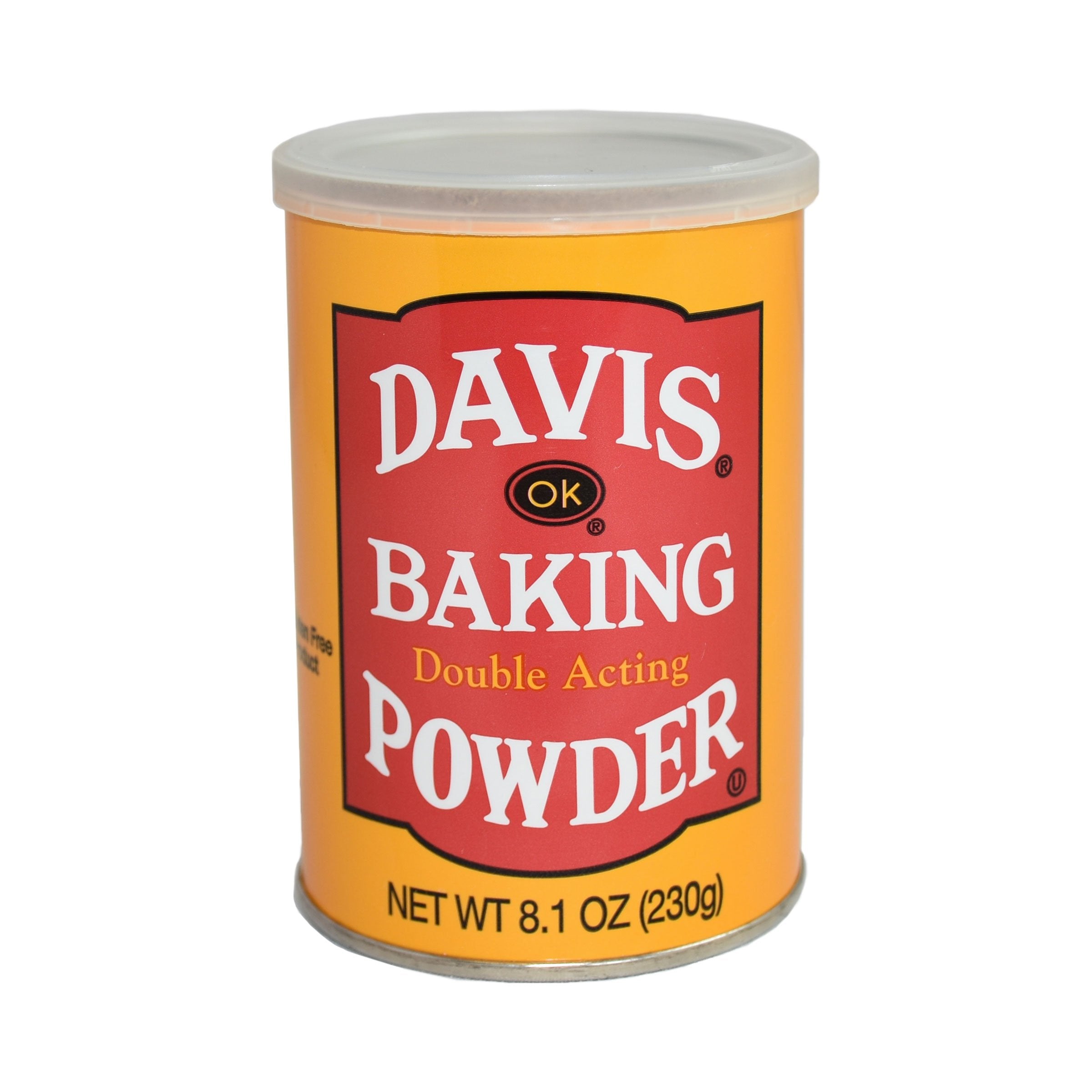 Davis baking powder double-acting canister front view for reliable baking results.