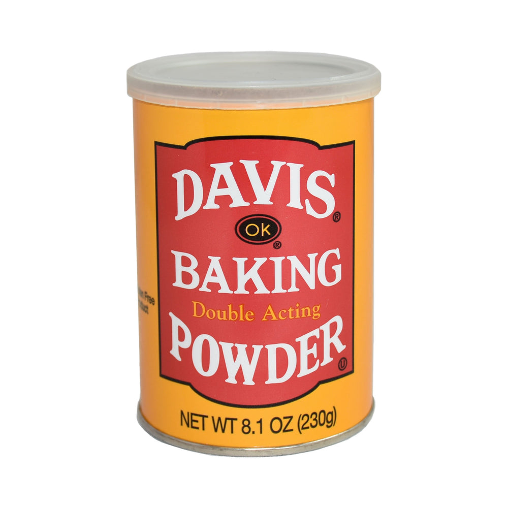 Davis baking powder double-acting canister front view for reliable baking results.