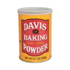 Davis baking powder double-acting canister front view for reliable baking results.