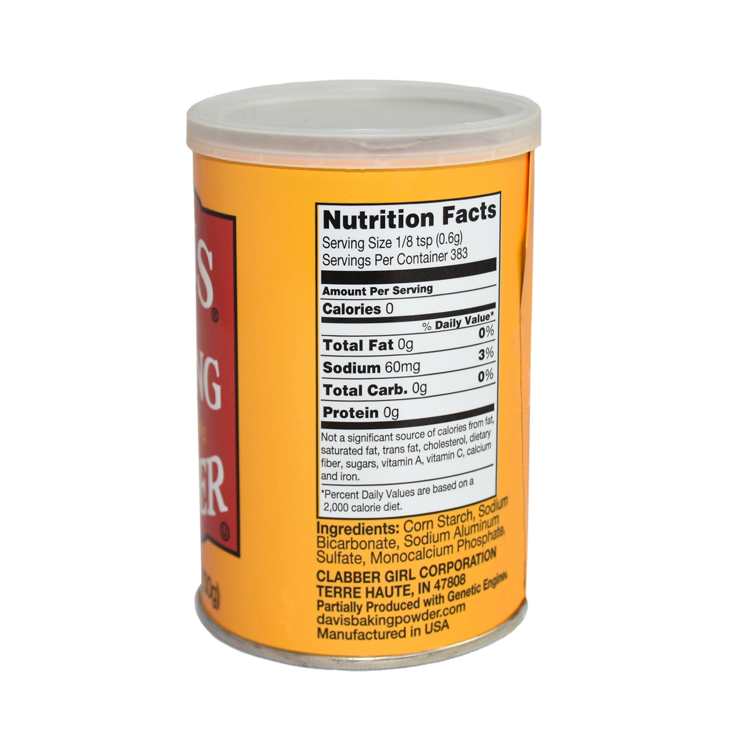 Davis baking powder label close-up highlights gluten-free and vegan options.