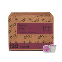 Day To Day Coffee French Roast pods in a 120-count box deliver bold mornings with consistent flavor.