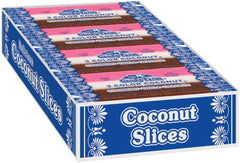 Dayton Nut Specialties Neapolitan Coconut Slice Strawberry-striped strip bar, vibrant colors and flavor.